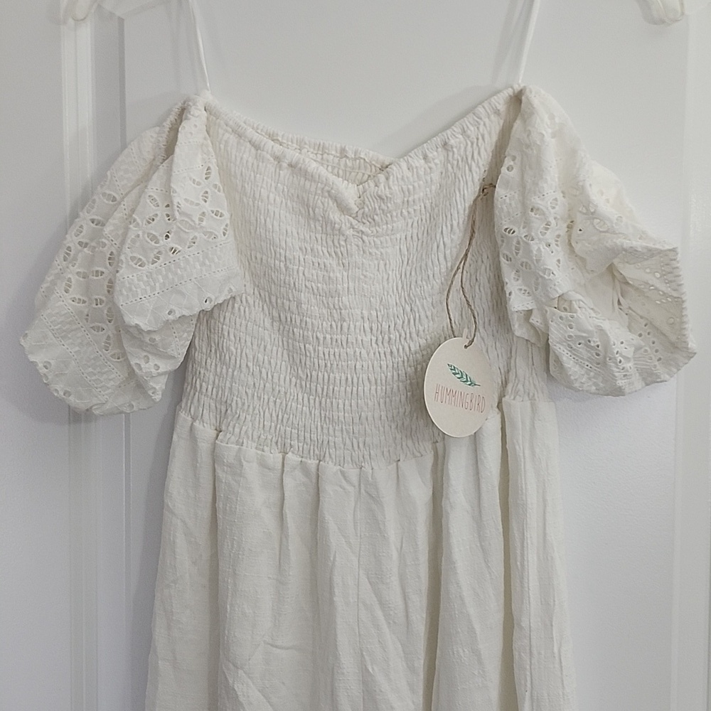 NWT HUMMINGBIRD WHITE SMOCKED OFF THE SHOULDER JUMPSUIT MEDIUM - Picture 9 of 16
